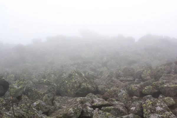 Гломійський гірський пейзаж. Туман в горах, похмурість спускається з гір. Гірський розсип у тумані . — стокове фото