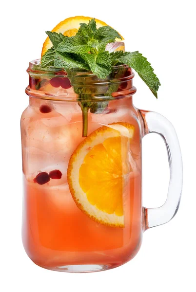 Fresh refreshing drink with ice cubes in Mason jars with orange, cranberries and mint. Summer drink on white background. — Stock Photo, Image