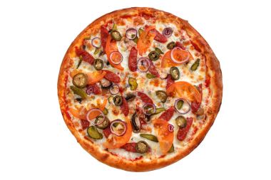 Biberli pizza. Beyaz arka plan üzerinde İtalyan pizza.