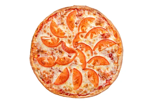 Italienische Pizza mit Tomaten auf weißem Hintergrund. Margherita. — Stockfoto