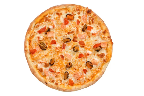 Leckere frische Pizza mit Meeresfrüchten von oben. — Stockfoto