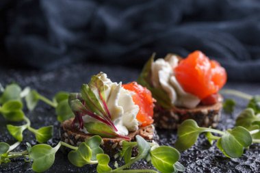 Somon, süzme peynir, zeytin karanlık bir arka plan üzerinde mikro yeşillikleri ile lezzetli kanepe. Soğuk meze.