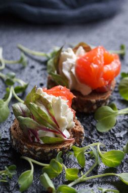 Somon, süzme peynir, zeytin karanlık bir arka plan üzerinde mikro yeşillikleri ile lezzetli kanepe. Soğuk meze.