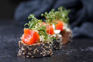 Karanlık bir arka plan üzerine somon ve peynir peynirli kanepe.