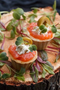 Somon, süzme peynir, zeytin karanlık bir arka plan üzerinde mikro yeşillikleri ile lezzetli kanepe. Soğuk meze.