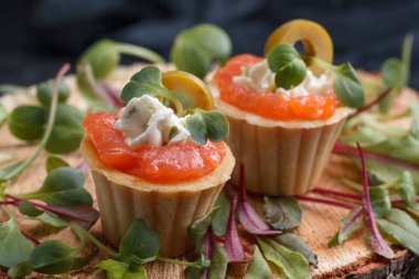 Somon, süzme peynir, zeytin karanlık bir arka plan üzerinde mikro yeşillikleri ile lezzetli kanepe. Soğuk meze.