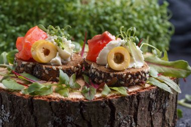 Somon, süzme peynir, zeytin karanlık bir arka plan üzerinde mikro yeşillikleri ile lezzetli kanepe. Soğuk meze.