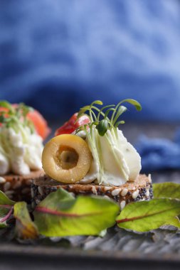 Somon, süzme peynir, zeytin karanlık bir arka plan üzerinde mikro yeşillikleri ile lezzetli kanepe. Soğuk meze.