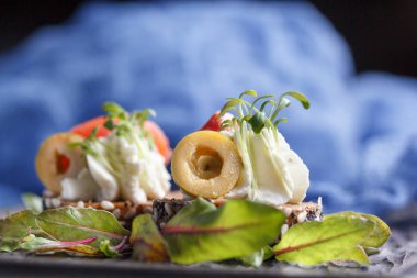 Somon, süzme peynir, zeytin karanlık bir arka plan üzerinde mikro yeşillikleri ile lezzetli kanepe. Soğuk meze.