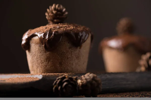 Magdalenas de chocolate, decoradas con un pequeño cono sobre un fondo de madera oscura. Los cupcakes se vierten con chocolate negro y cacao en polvo. Cupcakes con una decoración inusual. Tecla baja — Foto de Stock