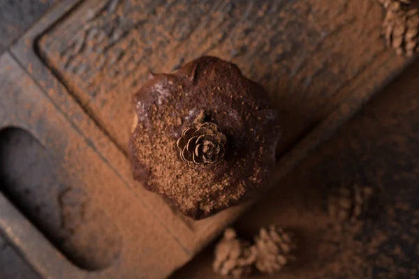 Muffins au chocolat, décorés avec un petit cône sur un fond en bois foncé. Les cupcakes sont versés avec du chocolat noir et de la poudre de cacao. Gâteaux à la décoration insolite. Clé basse — Photo