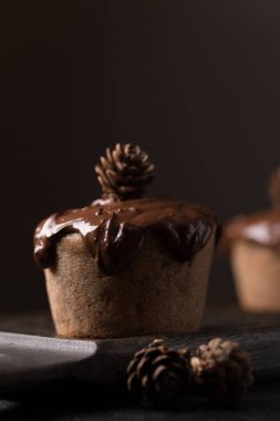Çikolatalı kek, koyu ahşap arka plan üzerinde küçük bir koni ile dekore edilmiştir. Cupcakes koyu çikolata ve kakao tozu ile dökülür. Olağandışı dekorasyon ile cupcakes. Düşük anahtar