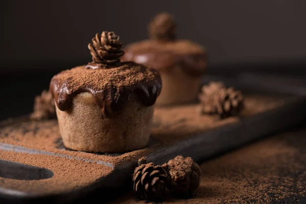 Magdalenas de chocolate, decoradas con un pequeño cono sobre un fondo de madera oscura. Los cupcakes se vierten con chocolate negro y cacao en polvo. Cupcakes con una decoración inusual. Tecla baja — Foto de Stock