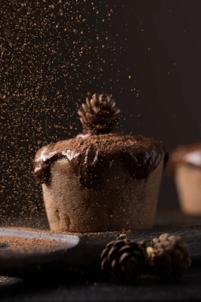 Muffin al cioccolato, decorati con un piccolo cono su uno sfondo di legno scuro. I cupcake vengono versati con cioccolato fondente e cacao in polvere. Cupcake con decorazioni insolite. Chiave bassa — Foto Stock