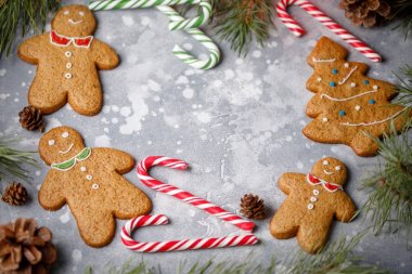 Holly şube, lolipop, firtree ve gingerbread çerezleri Noel gri arka plan. Metniniz için çerçeve.