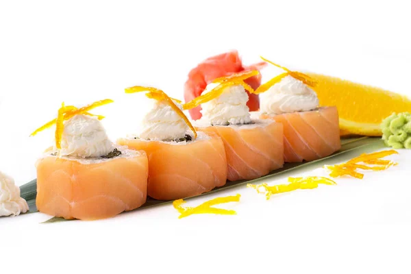 Appetizing sushi rolls with salmon and cream cheese Philadelphia on a white background. Japanese food. Isolated. — Stock Photo, Image