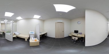 Modern bir Avrupa Diş Kliniği 'nin panoramik görüntüsü. Modern ekipmanlar. Diş muayenehanesinde küresel yansıma. Parlak renkler.
