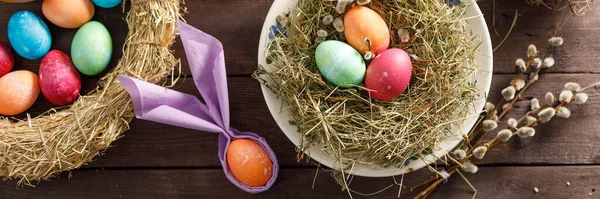 Still Life Easter Eggs Bird Nest Wooden Background Rustic Decoration — Stock Photo, Image