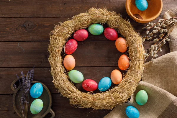 Still Life Many Colorful Easter Eggs Wooden Background Rustic Decoration — Stock Photo, Image