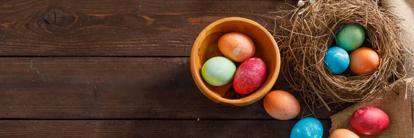 Still Life Easter Eggs Bird Nest Wooden Background Rustic Easter — Stock Photo, Image