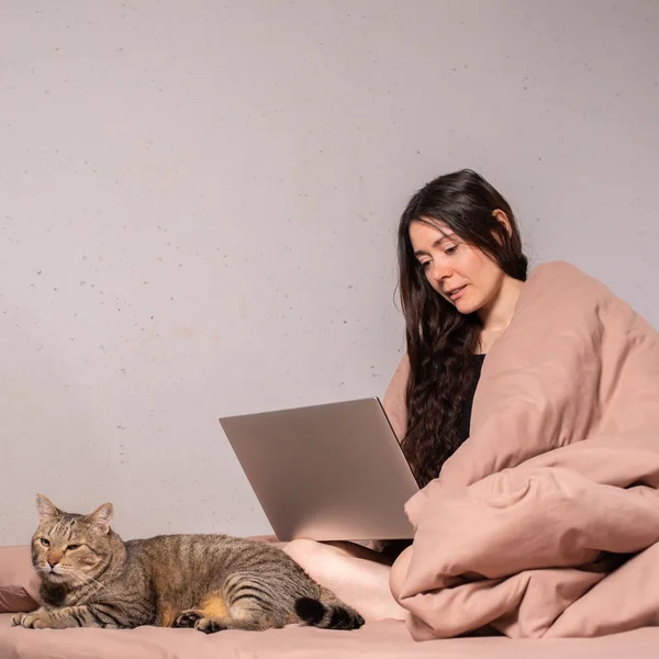 The concept of social distance and isolation. Work from home remotely over the Internet. A young woman works at home on a computer and a cat is next to her. Quarantine.