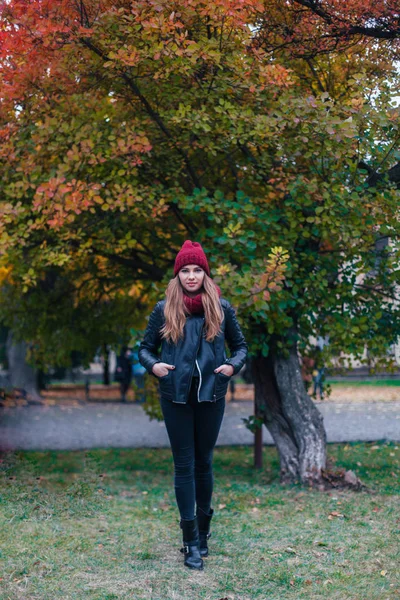 Porträtt mode på en vacker blond ung kaukasisk kvinna kalla hösten getaways våren. hösten park, röd grön gul treor. I en vinröd mössa och halsduk. Generad, drömmande vacker flicka — Stockfoto