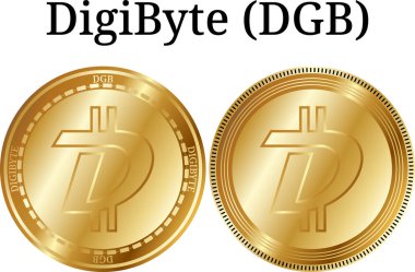 Fiziksel altın sikke Digibyte (twaits), dijital cryptocurrency kümesi. Digibyte (twaits) simge seti. Beyaz arka plan üzerinde izole vektör çizim.