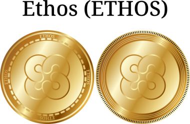 Fiziksel altın sikke Ethos (Ethos), dijital cryptocurrency kümesi. Ethos (Ethos) simge seti. Beyaz arka plan üzerinde izole vektör çizim.