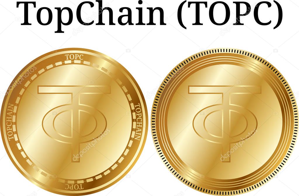 Set of physical golden coin TopChain (TOPC), digital cryptocurrency. TopChain (TOPC) icon set. Vector illustration isolated on white background.