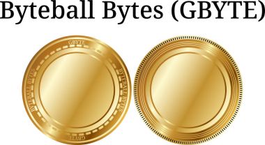 Fiziksel altın sikke Byteball bayt (GB), dijital cryptocurrency kümesi. Byteball bayt (GB) simge seti. Beyaz arka plan üzerinde izole vektör çizim.