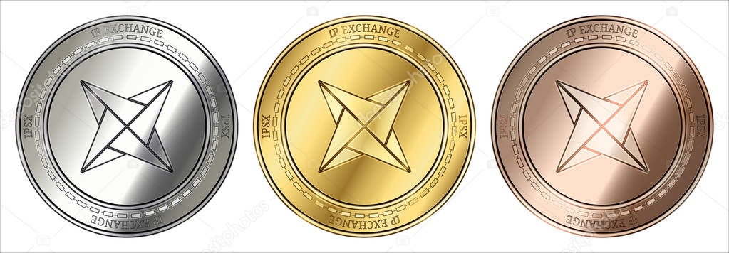 Gold, silver and bronze IP Exchange (IPSX) cryptocurrency coin. IP Exchange (IPSX) coin set.