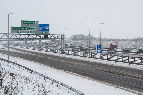 British motorway M1 during snow storm