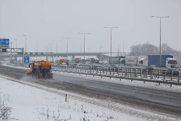 British motorway M1 during snow storm