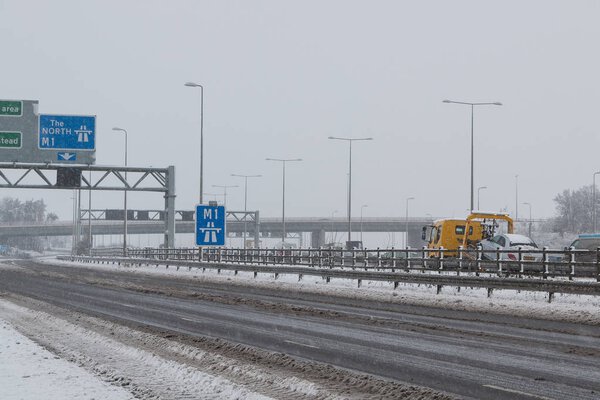 British motorway M1 during snow storm