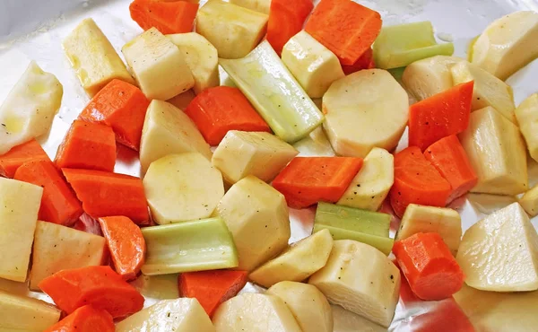 Assorted vegetables seasoned and ready for Roasting — Stock Photo, Image