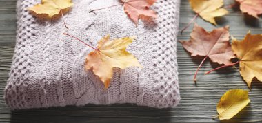 Sonbahar örme kazak ve yaprakları