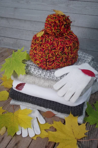 Örme kazak ve düşen sarı yapraklar