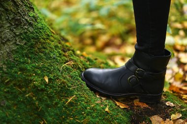 Parkta bir yürüyüş botları. Güzel sonbahar ormandır. Sarı