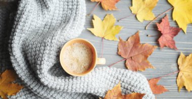 Sonbahar örme kazak ve yaprakları