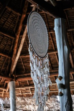 Tropikal palmiye ağaçları ile tatil evleri. Sıcak ülke için t