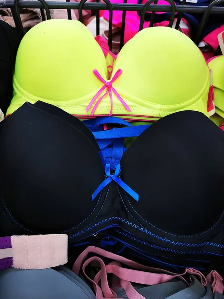 Various Type Colorful Bras Women Underwear Supermarket Selective Focus — Stock Photo, Image