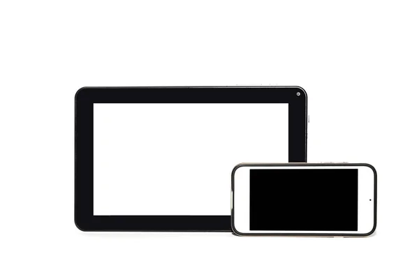 Tablet Telefon Elszigetelt Fehér Background Üres Fehér Képernyő Tartalmának Kiegészítésére — Stock Fotó
