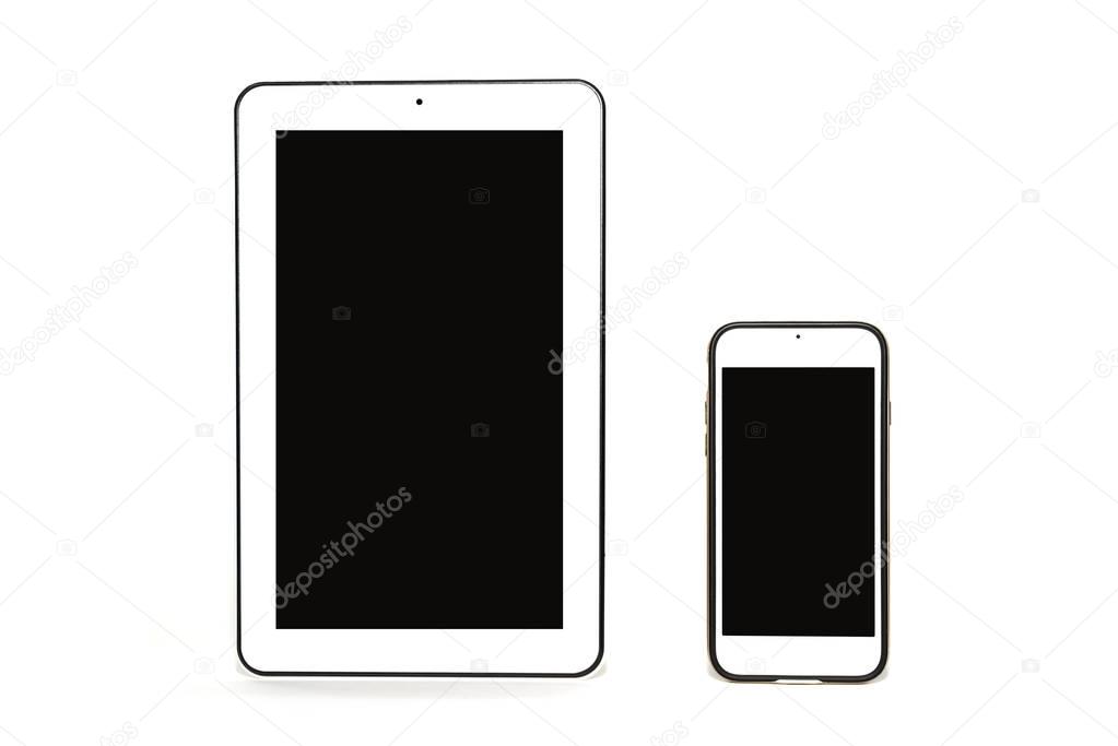 Tablet and phone isolated on a white background. Empty, white display to supplement content.