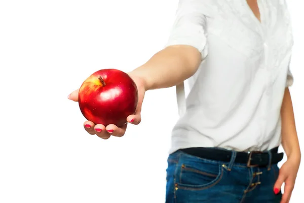 Eine Frau Weißen Hemd Hält Einen Apfel Der Hand Frau — Stockfoto