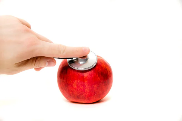 Com Seu Estetoscópio Ele Examina Uma Maçã Com Mão Frutas — Fotografia de Stock