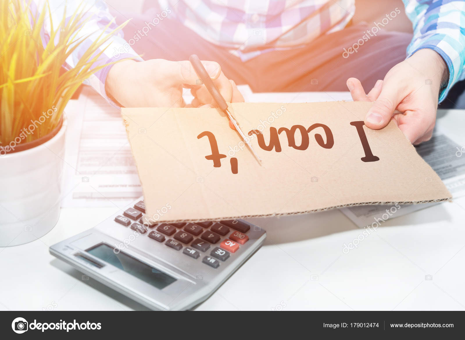 Businessman Cutting Cardboard Scissors Documents Calculator Telephone