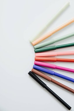 Farklı renkte kalemler. Yarı daire şeklinde dizilmiş çeşitli renklerde Mazapples. Ödev kavramı, okula dönmek. Okul malzemeleri tedarik ediliyor.