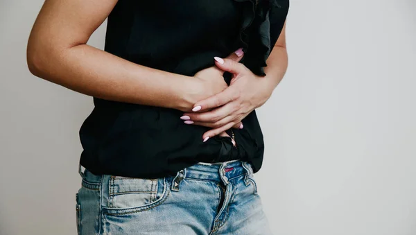 Abdominal Pain Woman Suffers Stomach Ache Women Problems Menstruation Indigestion — Stock Photo, Image