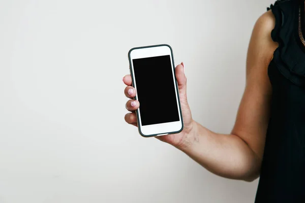 Telefon Der Hand Der Hand Hält Die Frau Ein Weißes — Stockfoto