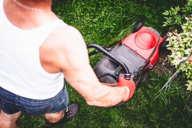 Çim biçme üzerinde yukarıdan. Bahçıvan çim ile kırmızı bir elektrik biçme mows. Bahçe, bahar temizliği işe. Bahçe ve çim bakımı.